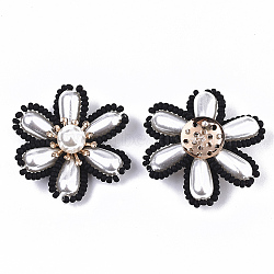 ABS Plastic Imitation Pearl Cabochons, with Glass Seed Beads and Golden Plated Brass Perforated Disc Settings, Rhinestone, Flower, Black, 32~35x30~33x11~12mm(FIND-S321-11A)