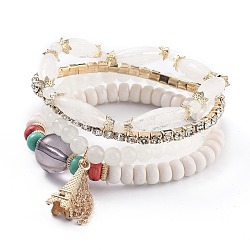 Alloy Rhinestone Cup Chain & Multi-layered Stretch Bracelets Sets, Stackable Bracelets, with Acrylic Beads, Golden Plated Alloy Findings, Eiffel Tower, Antique White, Inner Diameter: 2-1/8~2-3/8 inch(5.5~5.9cm), 4pcs/set(BJEW-H533-03A)