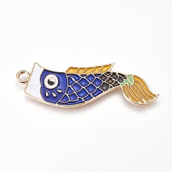 Alloy Enamel Pendants, Blue Koi Fish, Golden, Blue, 49x15x1.5mm, Hole: 2.8mm(X-ENAM-O035-02G)