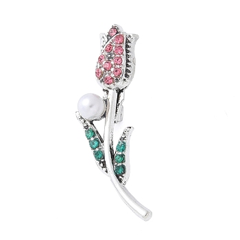 Alloy Rhinestone Brooches, with Plastic Imitation Pearl Beads, Rose Flower, Antique Silver, Rose, 36.5x16.5mm