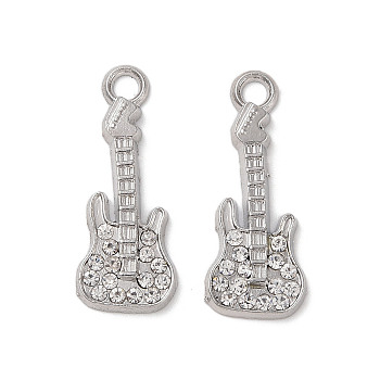 Alloy Pendants, with Crystal Glass Rhinestone, Guitar Charm, Platinum, 31x12x2mm, Hole: 3mm