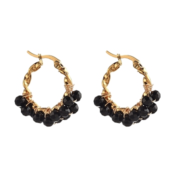 201 Stainless Steel Hoop Earrings, Hypoallergenic Earrings, with Natural Black Agate Beads, Twisted Ring Shape, Golden, 30x24mm, Pin: 1.3x0.7mm