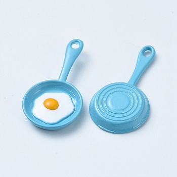 Alloy Enamel Pendants, Pan with Fried Egg/Poached Egg, Deep Sky Blue, 28x4~14.5x1.5~3mm, Hole: 1.5mm