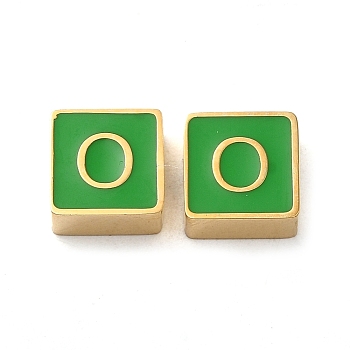 304 Stainless Steel Enamel Beads, Real 14K Gold Plated, Square with Letter, Letter O, 8x8x4mm, Hole: 2mm