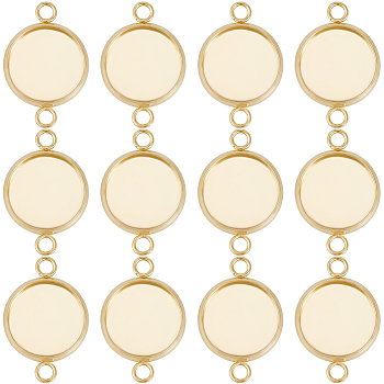 30Pcs 201 Stainless Steel Cabochon Connector Settings, Plain Edge Bezel Cups, Flat Round, Real 24K Gold Plated, Tray: 12mm, 21x14x2mm, Hole: 2mm