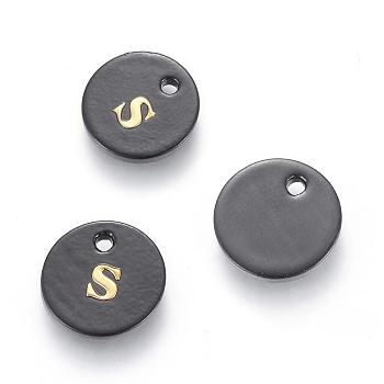 Freshwater Shell Charms, with Gold Blocking Letter, Dyed, Flat Round, Black, Letter.S, 11x1.5mm, Hole: 1.5mm