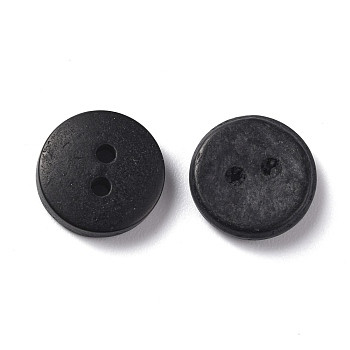 2-Hole, Coconut Buttons, Flat Round, Black, 12~12.5x2~3mm, Hole: 1.5~1.8mm