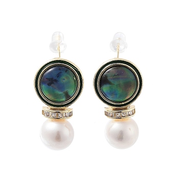 Brass Paua Shell Ear Studs, with Glass & Pearl Beads, 925 Sterling Silver Pins, Round, Real 14K Gold Plated, 25x13.5mm