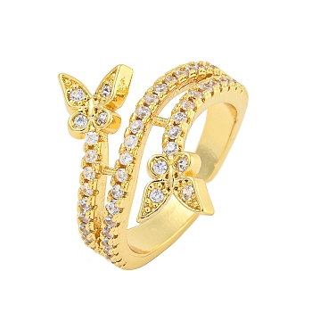 Butterfly Rack Plating Brass Micro Pave Cubic Zirconia Cuff Finger Rings, Cadmium Free & Lead Free, Long-Lasting Plated, Real 18K Gold Plated, 18mm, Adjustable