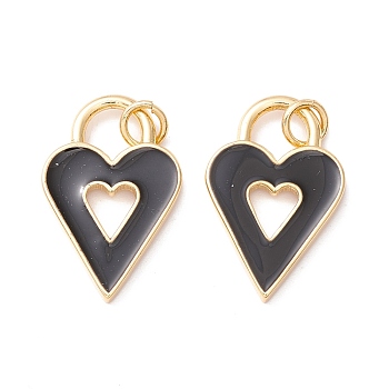 Rack Plating Brass Enamel Pendants, with Jump Ring, Cadmium Free & Nickel Free & Lead Free, Real 18K Gold Long-Lasting Plated, Heart Lock, Black, 22x14x2mm, Hole: 3.4mm