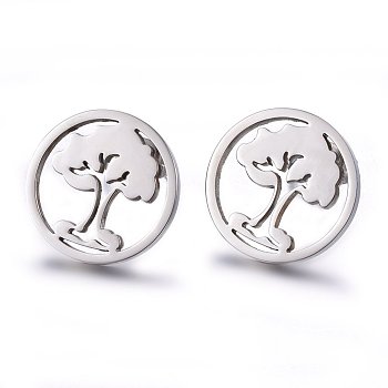 304 Stainless Steel Stud Earrings, Hypoallergenic Earrings, Flat Round with Tree of Life, Stainless Steel Color, 15x1.2mm, Pin: 0.8mm