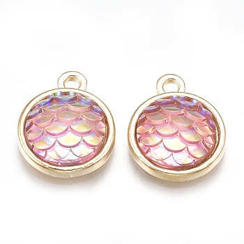 Alloy Resin Charms, Flat Round with Mermaid Fish Scale Shaped, Light Gold, Pink, 15x12x4mm, Hole: 1.8mm