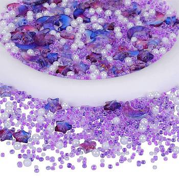 2 Bag Glass & Seed Beads, with Glitter Powder, Imitation Pearl & Transparent & Inside Colours, Moon & Star & Round, Lilac, 2~16x2~11.5mm, Hole: 0.8~1.2mm