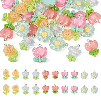 30Pcs 5 Colors Transparent Resin Pendants, Flower Charms, with Platinum Tone Alloy Loops, Mixed Color, 25~29x17.5~22x5~8mm, Hole: 2mm, 6pcs/color
