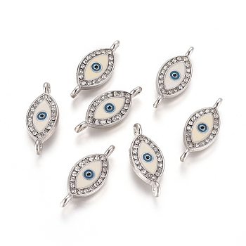 Alloy Rhinestone Links connectors, Cadmium Free & Lead Free, with Enamel, Grade A, Evil Eye, Platinum Color, White, 26x10x2mm, Hole: 2mm