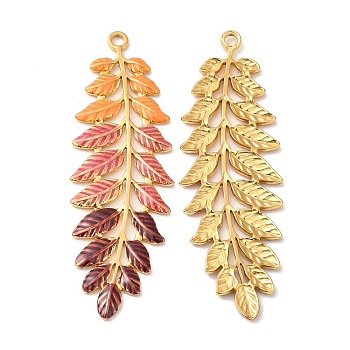 304 Stainless Steel Enamel Big Pendants, Real 18K Gold Plated, Leaf Charm, Brown, 60x20x2mm, Hole: 2.5mm