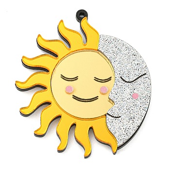 Printed Acrylic Pendants, Sun with Moon Charms, Yellow, 52x45x5mm, Hole: 1.5mm