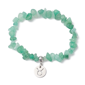 Natural Green Aventurine Chip Beaded Stretch Bracelets, 304 Stainless Steel Taurus Charm Bracelets for Women, Inner Diameter: 1-7/8~2-1/4 inch(4.8~5.7cm)