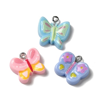 Opaque Resin Pendants, Butterfly Charms with Platinum Plated Iron Loops, Mixed Color, 18.5x18x5mm, Hole: 2mm