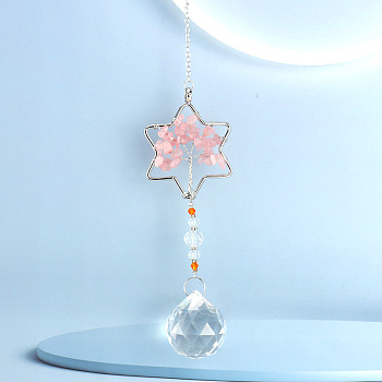 Crystals Hanging Pendants Decoration, with Natural Rose Quartz Chips and Alloy Findings, for Home, Garden Decoration, Star, 230mm