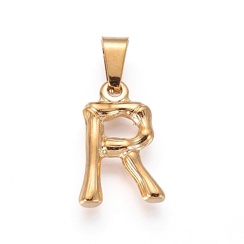 304 Stainless Steel Pendants, Bamboo Style, Letter, Golden Color, Letter.R, 18.5x12x3mm, Hole: 3x7mm