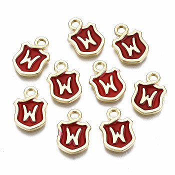 Alloy Enamel Charms, Cadmium Free & Lead Free, Shield with Initial Letters, Light Gold, Letter.W, 14x10x2mm, Hole: 2mm