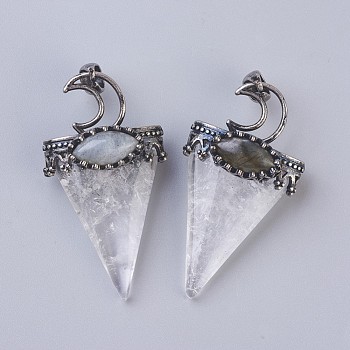 Natural Quartz Crystal Big Pendants, with Brass Findings, Triangle, Antique Silver, 53~58x28~29x16~18mm, Hole: 5x7mm