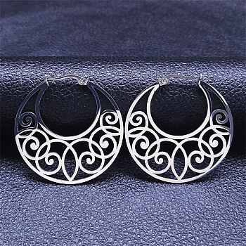 304 Stainless Steel Hollow Moon Hoop Earrings, Bohemia Theme Earrings, Stainless Steel Color, 41.5x40x1mm