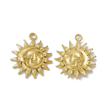 Vacuum Plating 304 Stainless Steel Pendants, Sun with Human Face and Moon, Golden, 30x26x3mm, Hole: 3mm