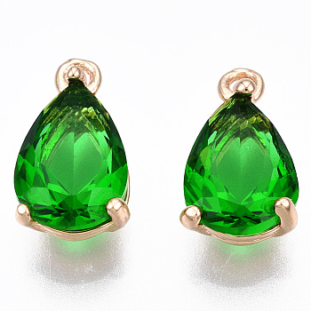 Transparent Glass Pendants, with Light Gold Brass Findings, Long-Lasting Plated, Faceted, Teardrop, Green, 13x7x5mm, Hole: 1.2mm