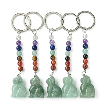 Cat Natural Green Aventurine Keychain, with 7 Chakra Beads and Iron Key Rings, for Women Men Hanging Car Bag Charms, 11.05~11.3cm