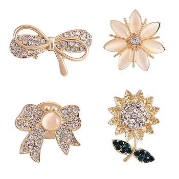 4Pcs 4 Style Crystal Rhinestone Bowknot & Sunflower Brooches, Gold Plated Alloy Badges for Backpack Clothes, Golden, 20~26x15~21mm