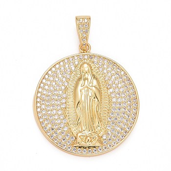 Rack Plating Brass Micro Pave Clear Cubic Zirconia Pendants, Cadmium Free & Nickel Free & Lead Free, Long-Lasting Plated, Religion, Flat Round with Virgin Mary Pattern, Real 18K Gold Plated, 29.5x26x4mm, Hole: 6x3mm