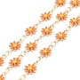 Brass Daisy Flower & Oval Link Chains, with Enamel & Spool, Soldered, Real 18K Gold Plated, Salmon, Links: 13x7.5x2mm, 4x3x0.6mm