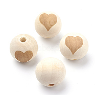 Unfinished Wood Beads, Natural Wooden Loose Beads Spacer Beads, Round with Heart, Old Lace, 18.5~19x17.5mm, Hole: 3.5~4mm(WOOD-S036-07)