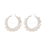 Natural Pearl Wire Wrapped Beaded Hoop Earrings for Women, Silver, White, 38x41x8mm, Pin: 0.8mm(EJEW-JE04758-02)