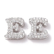 925 Sterling Silver Micro Pave Cubic Zirconia Beads, Real Platinum Plated, Letter E, 9x8.5x3.5mm, Hole: 2.5x1.5mm(STER-Z005-15P-E)