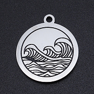 201 Stainless Steel Etched Pendants, Flat Round with Waves, Stainless Steel Color, 22x19x1.5mm, Hole: 1.8mm(STAS-N090-JN800)
