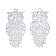 201 Stainless Steel Filigree Pendants, Etched Metal Embellishments, Owl, Stainless Steel Color, 48.5x23x0.2mm, Hole: 2.5mm(STAS-S118-059)
