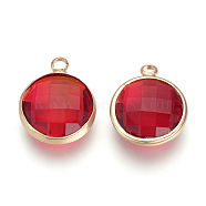 Glass Pendants, with Brass Findings, Faceted, Flat Round, Red, 14x10.5x4mm, Hole: 2mm(GLAA-S114-E-12)