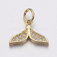 Brass Micro Pave Cubic Zirconia Charms, Whale Tail Shape, Clear, Golden, 9x12.5x2mm, Hole: 3mm(ZIRC-F085-06G)
