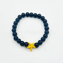 Men's Yoga Jewelry, Frosted Natural Black Obsidian Round Beads Stretch Bracelets, Starfish, Light Yellow(BK0782-4)