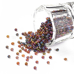 12/0 Grade A Round Glass Seed Beads, Transparent Frosted Style, AB Color Plated, Iris, Purple, 2x1.5mm, Hole: 0.8mm, about 30000pcs/bag(SEED-Q010-M554)