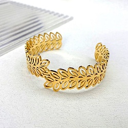 316 Surgical Stainless Steel Cuff Bracelets, Leaf, Real 18K Gold Plated, Inner Diameter: 2-1/4x2-3/8 inch(5.8x6cm)(BJEW-P349-04G)