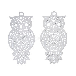 201 Stainless Steel Filigree Pendants, Etched Metal Embellishments, Owl, Stainless Steel Color, 48.5x23x0.2mm, Hole: 2.5mm(STAS-S118-059)