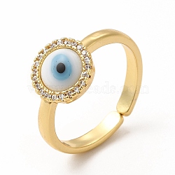 Lampwork Evil Eye Open Cuff Ring with Clear Cubic Zirconia, Real 18K Gold Plated Brass Jewelry for Women, White, Inner Diameter: 17mm(RJEW-L104-01G-03)