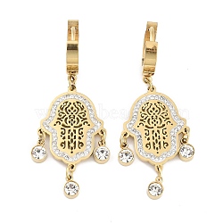 Hollow Hamsa Hand 304 Stainless Steel Dangle Earrings, Rhinestone Hoop Earrings for Women, Real 18K Gold Plated, 46x17mm(EJEW-L283-079G)