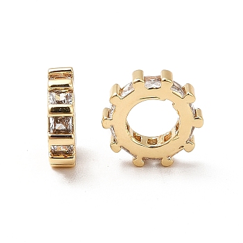Brass Micro Pave Cubic Zirconia European Beads, Large Hole Beads, Real 18K Gold Plated, Gear, Clear, 9x2.5mm, Hole: 5mm