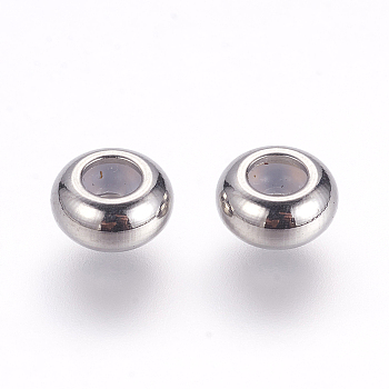 202 Stainless Steel Beads, with Rubber Inside, Slider Beads, Stopper Beads, Rondelle, Stainless Steel Color, 6x3mm, Rubber Hole: 2mm