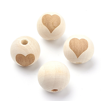 Unfinished Wood Beads, Natural Wooden Loose Beads Spacer Beads, Round with Heart, Old Lace, 18.5~19x17.5mm, Hole: 3.5~4mm